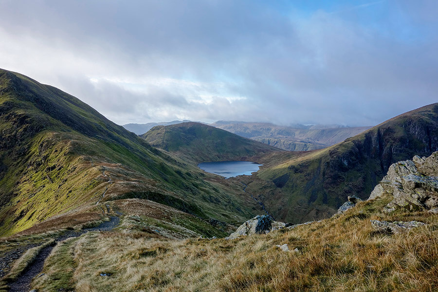 St. Sunday Crag, Seat Sandal, and Dollywaggon Pike with Grisedale Tarn between them in the Lake District
