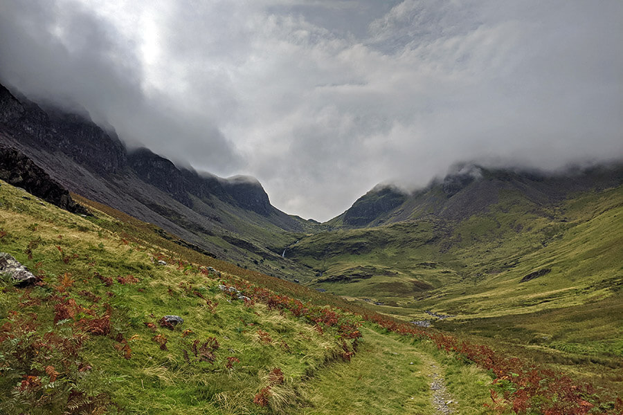 Looking up the valley between High Spy (left) and Dale Head in the Lake District